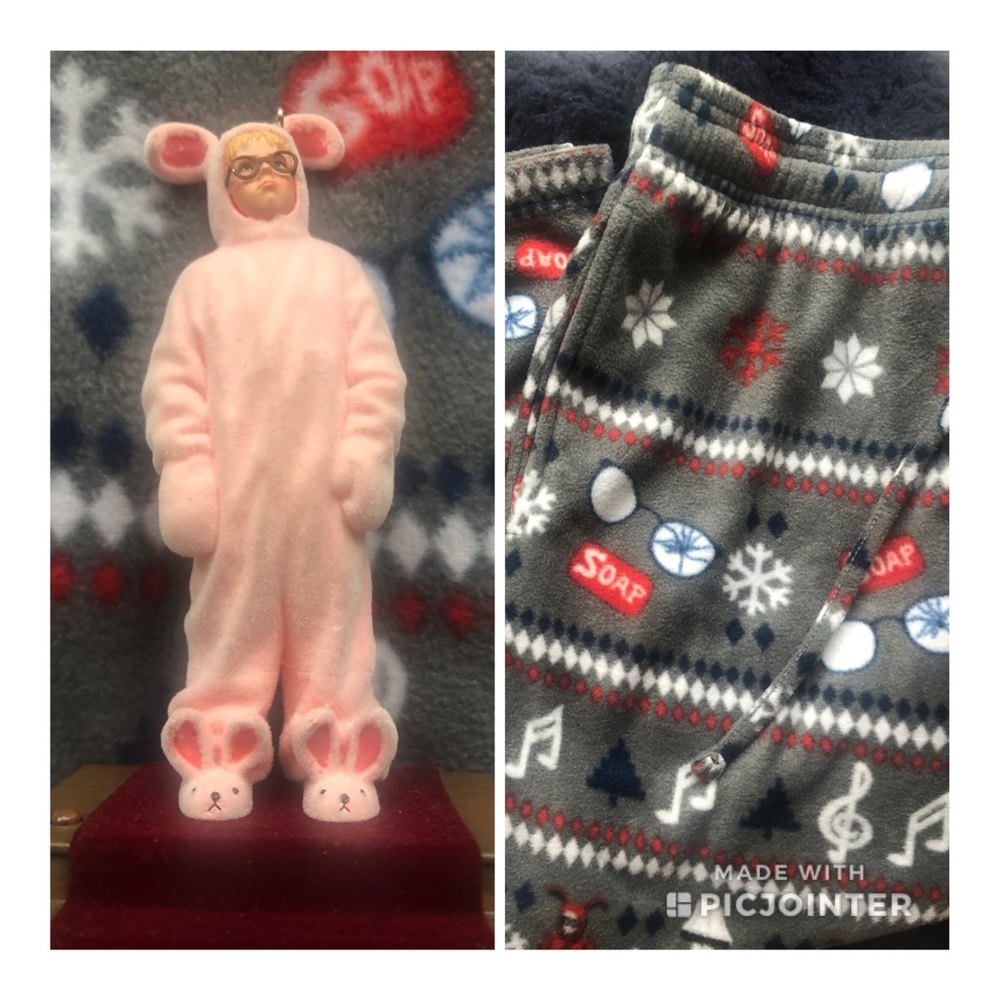 A Christmas Story Hallmark ornament and Pajama pants.